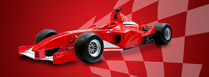 red f1 racing car with finishing flag